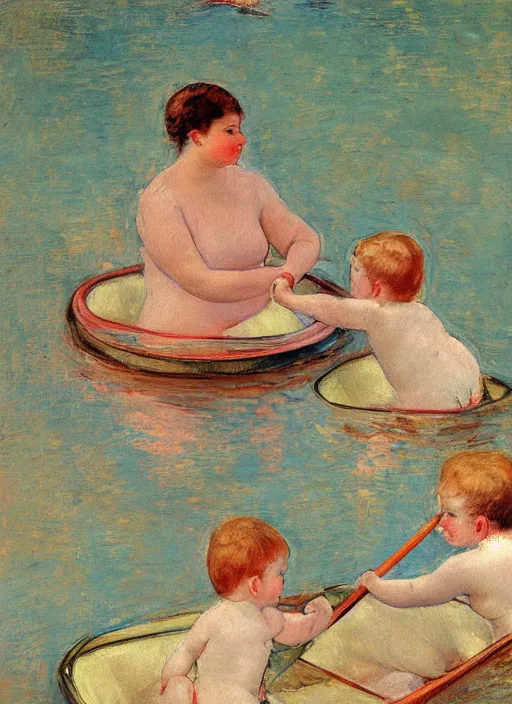 Prompt: vintage beautiful painting of the paddling of pears in Mary Cassatt style