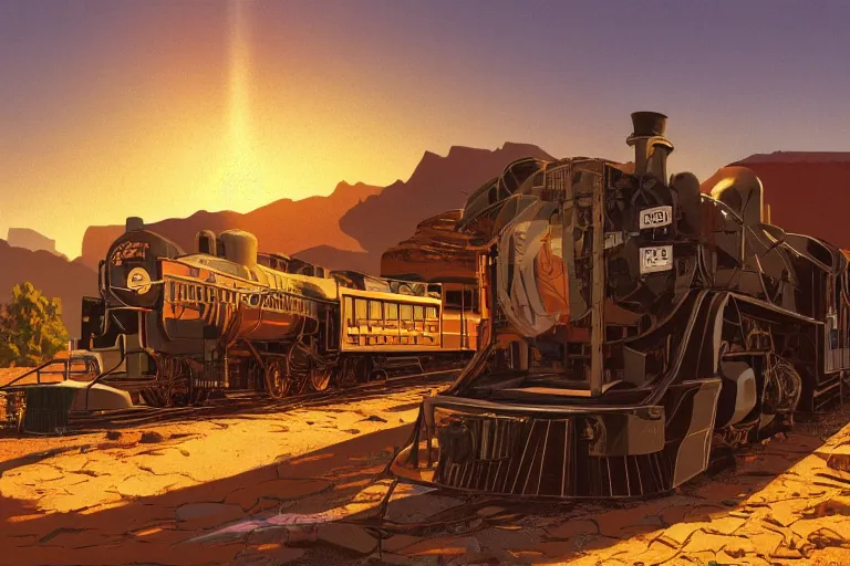 Image similar to idyllic old western train station illustration by syd mead, artstation, 4 k, graphic novel, concept art, matte painting, steam engine, beautiful mountain desert sunset background, golden hour