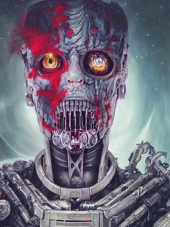 Image similar to art portrait of an undead space marine ,8k,by tristan eaton,Stanley Artgermm,Tom Bagshaw,Greg Rutkowski,Carne Griffiths, Ayami Kojima, Beksinski, Giger,trending on DeviantArt,face enhance,hyper detailed,minimalist,cybernetic, android, blade runner,full of colour,