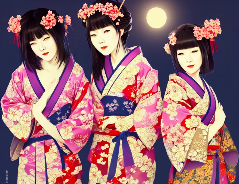 Image similar to two beautiful charming japan girls wear arty kimono in festival | | sunny night, full moon, dreamlike art, realistic shaded, smile, good looking, hyper details, 4 k realistic, cryengine, realistic shaded lighting poster by ilya kuvshinov, fuji choko, ross tran, 8 k resolution, trending on artstation, luxury