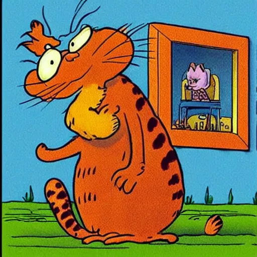 Image similar to “Garfield the cat is in a far side Gary Larson cartoon, comic strip cartoon style, 80s, humorous. ”