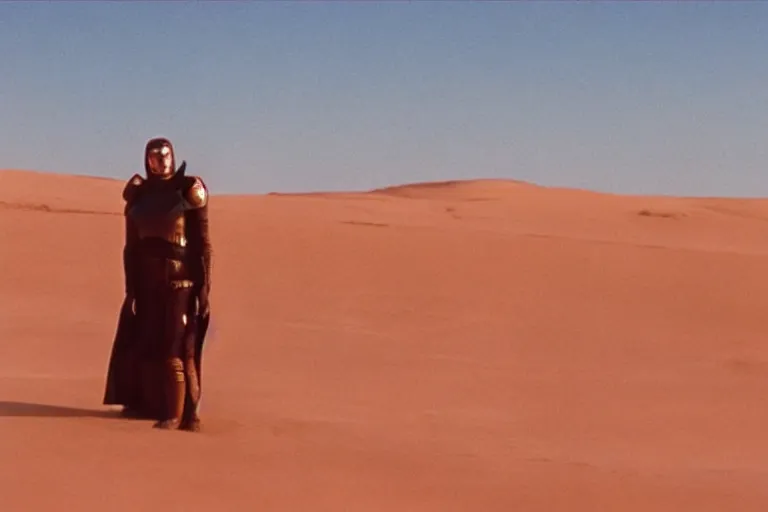 Image similar to dune, spacing guild, portrait, red mist, arrakis in the background, sci-fi, Denis Villeneuve, cinestill colour, anamorphic