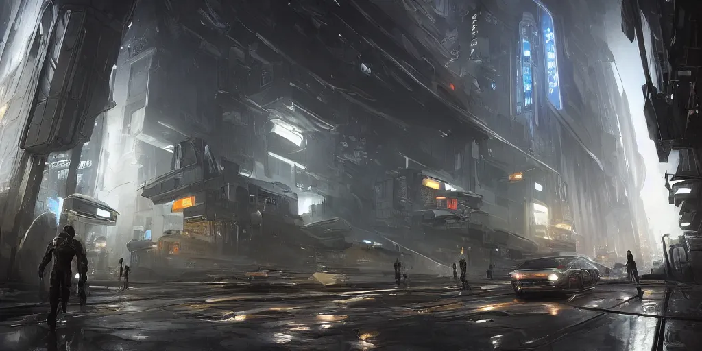 Prompt: a futuristic exterior mass effect and bladerunner building, multi - layer, large pipes, metal cladding wall, intricate wires, some stalls, back alley, intricate bridges between buildings, some floating billboards, environment fog, dark and moody, by eddie mendoza, syd mead