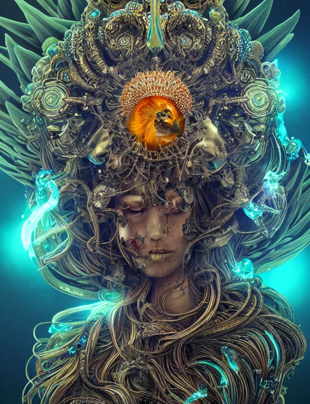 Image similar to goddess phoenix macro close - up portrait with crown made of ram skull. phoenix, betta fish, jellyfish, bioluminiscent, plasma, ice, water, wind, creature, super intricate ornaments artwork by tooth wu and wlop and beeple and greg rutkowski