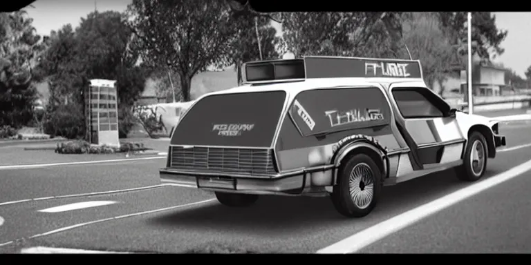 Prompt: Photorealistic cinematography of the rear of a the “Back To The Future Time Machine” from the film “Back To The Future” + reversing down a ramp out of Doc Browns “1984 white GMC Value Van” at night + filmed on location at ultra photorealistic “Back To The Future” “Twin Pines Mall” parking lot Set located at Puente Hills Mall, 1600 South Azusa Avenue, City of Industry, California At night By “Back To The Future” Cinematographer Dean Cundey at night 5