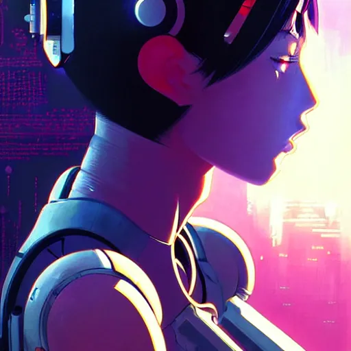 Image similar to side portrait scifi cyborg girl with robotic parts and spacesuit | | head only in center of image, audrey plaza, fine detail!! anime!! realistic shaded lighting!! poster by ilya kuvshinov katsuhiro otomo ghost - in - the - shell, magali villeneuve, artgerm, jeremy lipkin and michael garmash and rob rey