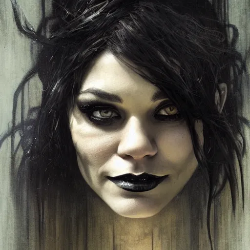 Image similar to beautiful portrait of vanessa hudgens as death from sandman, smiling, by cedric peyravernay, alphonse mucha, by jeremy mann, by lecouffe deharme, goth chic, soft lightning, eyeliner, punk rock, high detailed, 8 k