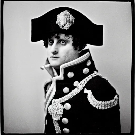 Prompt: photo of Napoleon Bonaparte by Diane Arbus, black and white, high contrast, Rolleiflex, 55mm f/4 lens