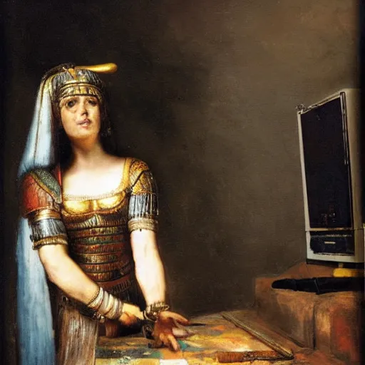 Prompt: Cleopatra building a gaming pc painted by Rembrandt