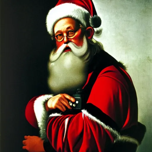 Prompt: Father Christmas taking a photograph with a Nikon camera Painted by Caravaggio