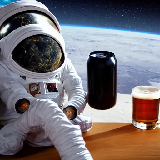 Image similar to a photo of a detailed, realistic, regular sized, sitting idle fender electric guitar next to a sitting idle beer can with an astronaut sitting down on the moon surface. detailed photo. realistic photo. cinematic. cinematic shot