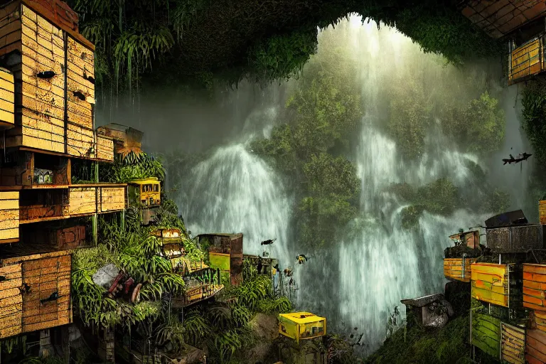 Image similar to favela bunker honeybee hive, forest waterfall environment, industrial factory, spooky, award winning art, epic dreamlike fantasy landscape, ultra realistic,
