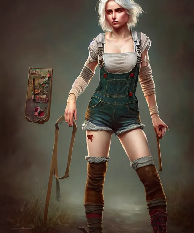 Image similar to full body pose, ciri, torn overalls, short shorts, combat boots, beautiful, highly detailed face!, extremely detailed!, digital painting, unreal engine 5, art by tom bagshaw