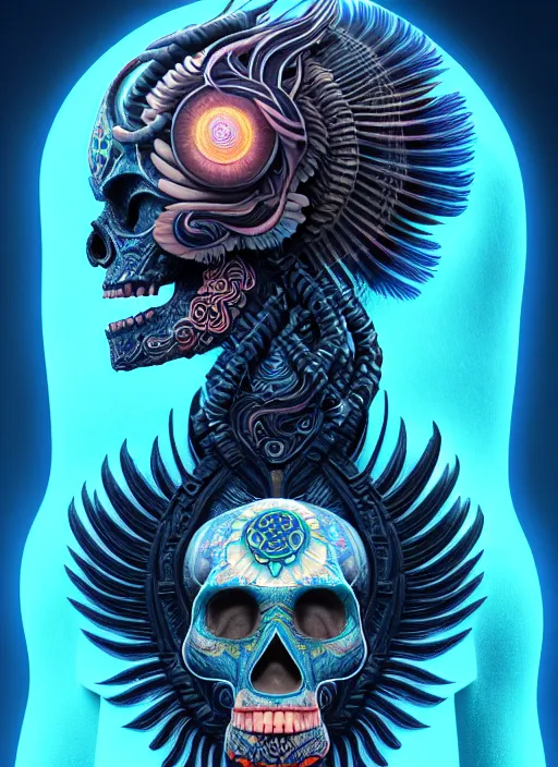 Image similar to 3 d shaman with tattoos profile portrait, sigma 5 0 0 mm f / 5. beautiful intricate highly detailed quetzalcoatl skull and feathers. bioluminescent, plasma, lava, ice, water, wind, creature, thunderstorm! artwork by tooth wu and wlop and beeple and greg rutkowski, 8 k trending on artstation,