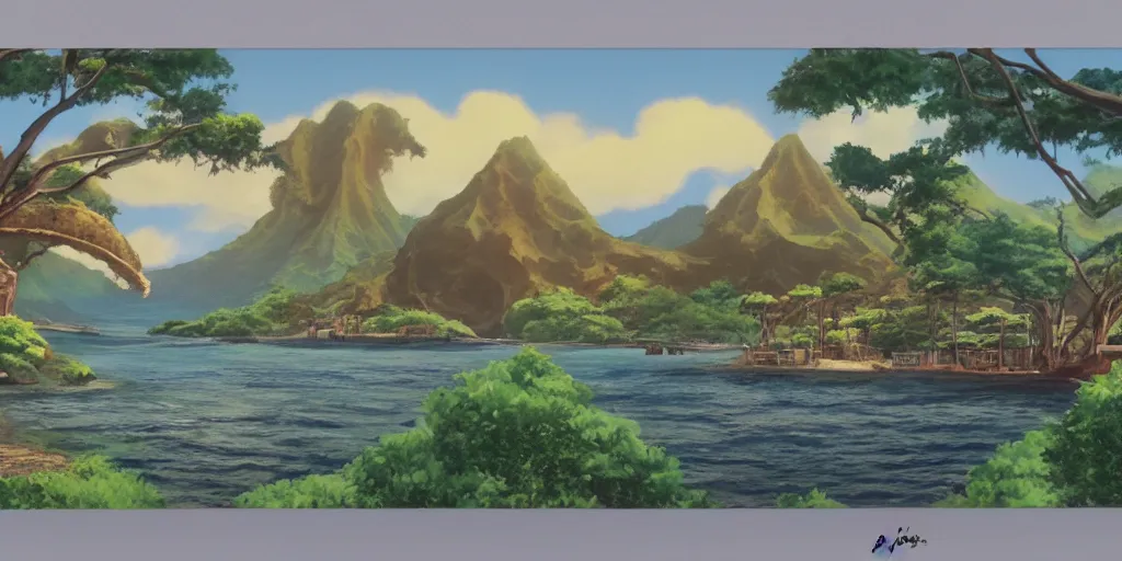 Image similar to background plate matte painting ghibli pixar dreamworks vista hawaii.