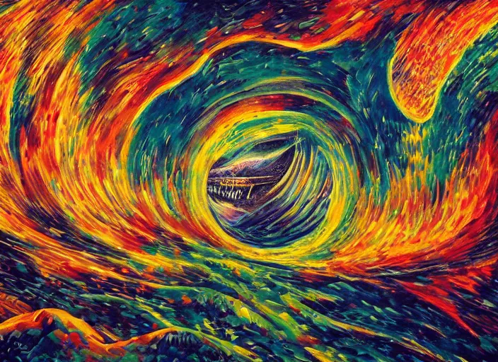 Image similar to An oil on canvas painting of the Lion's gate, energy vortex, by Dan Mumford and Umberto Boccioni,, 3d, realistic shading, complimentary colors, aesthetically pleasing composition, masterpiece, 4k, 8k, ultra realistic, super realistic