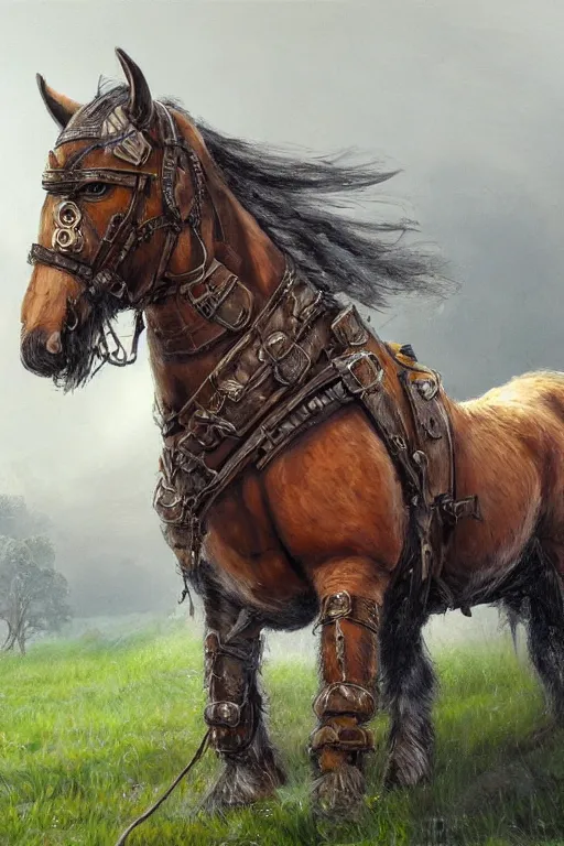 Prompt: hyper detailed oil painting concept art of an armoured shire horse.