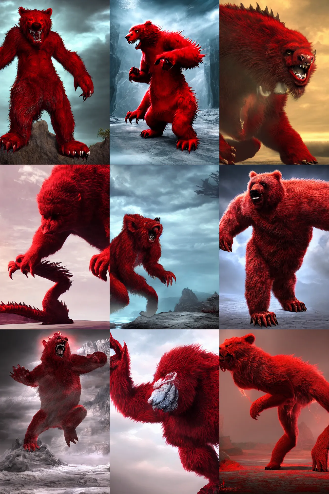 Prompt: fantasy CGI VFX crimson red draconic bear monster creature with white stripes