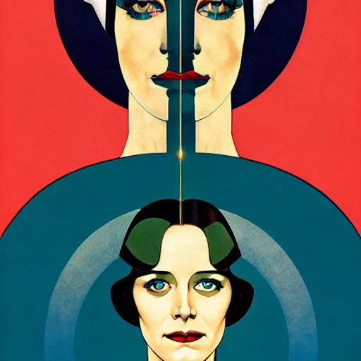 Prompt: Art by Coles Phillips, Portrait of the actress, Eva Green as Space Commander Zeta from the Year 3000, geometric art, poster, no text, Mucha, Kandinsky, indigo, teal, gold