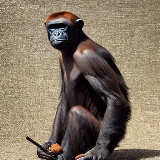 Prompt: a bonobo with 23 cigars in its mouth