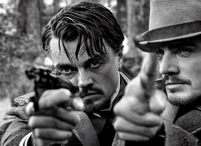 Prompt: an action scene from the movie scarface, medium long shot, costumes from peaky blinders, filmed in the dark woods, a cabin in the background, leonardo dicaprio and daniel day - lewis, sharp eyes, serious expressions, detailed and symmetric faces, black and white, cinematic, epic,