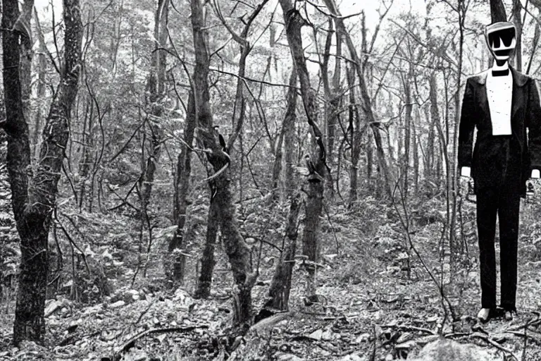 Prompt: an very old photo of slenderman in the forest