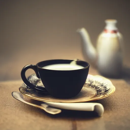 Image similar to Award winning photograph of a British Cup of tea with a bowler hat on top, cantered composition, realistic, highly detailed, trending artstation, 8k, food photography