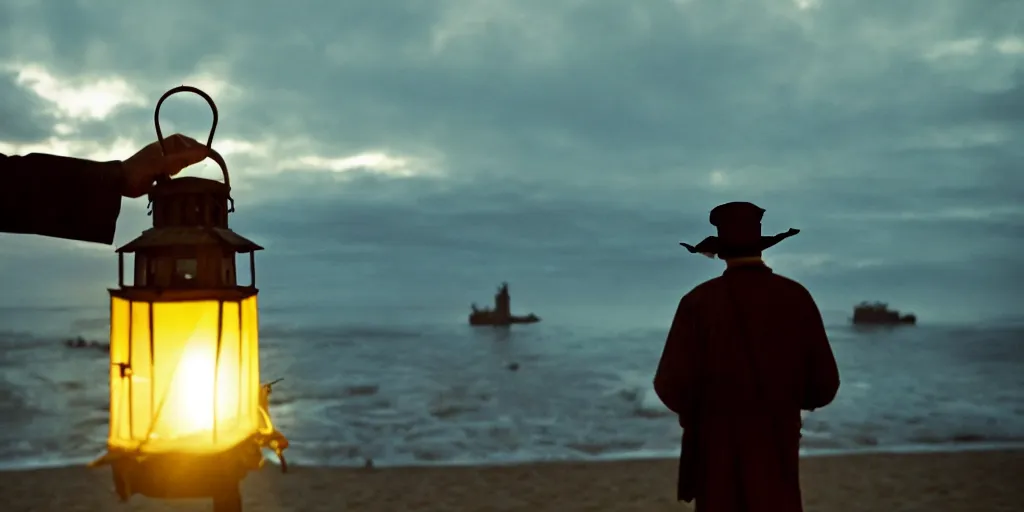 Image similar to film still of closeup old man holding up lantern by his beach hut at night. pirate ship in the ocean by emmanuel lubezki