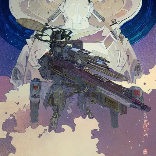 Prompt: alphonse mucha victo ngai greg rutowski moebius sci - fi combat mech sniper, positioned and stationed high above the distant battlefield, taking out huge armored enemies from massive distances, 8 k hyperdetailed intricate detailed hyperrealism combat photography massive sniper rifle slow motion action macro photography 8 k