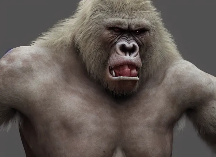 Image similar to extremely scary angry old tough rough looking albino warrior gorilla. scars, scary, gruffness, interesting 3 d character concept by square enix, in the style of league of legends, hyper detailed, cinematic, final fantasy, character concept, ray tracing, fur details, maya, c 4 d, artstation