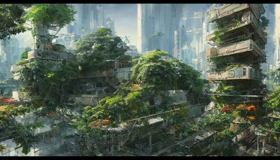 Prompt: craig mullins and ghibli digital illustration organized solarpunk tall vertical farms, scifi hydroponics, colorful, unreal engine, hyper realism, realistic shading, cinematic composition, realistic render, octane render, detailed textures, photorealistic, wide shot