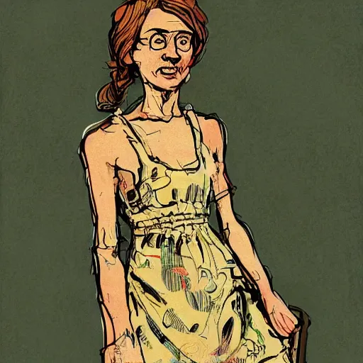 Image similar to beautiful young woman in a sundress, trending on artstation, intricate details, in the style of frank auerbach, in the style of sergio aragones, in the style of martin ansin, in the style of david aja, in the style of mattias adolfsson