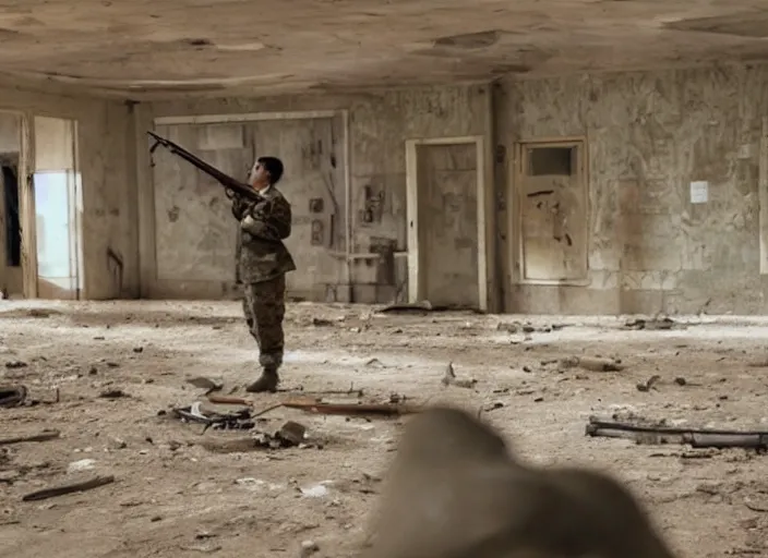 Prompt: a film still of kim kardashian as a soldier firing a rifle, open neckline, backround : abandoned school interior