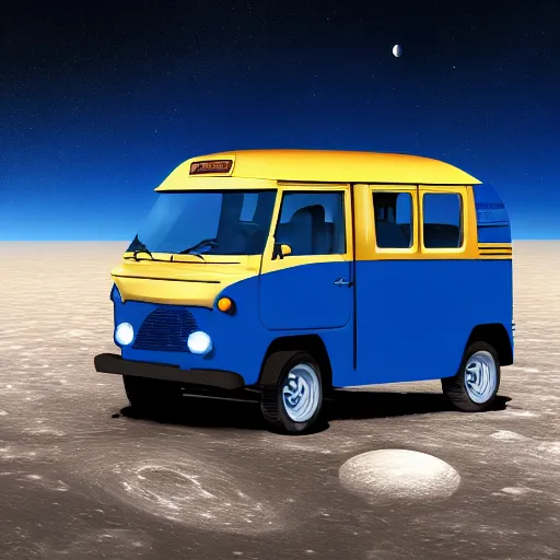 Image similar to a dark blue tuk tuk traveling on the surface of the moon, moon craters, night sky, milky way, hard lighting, matte painting, concept art, 4k