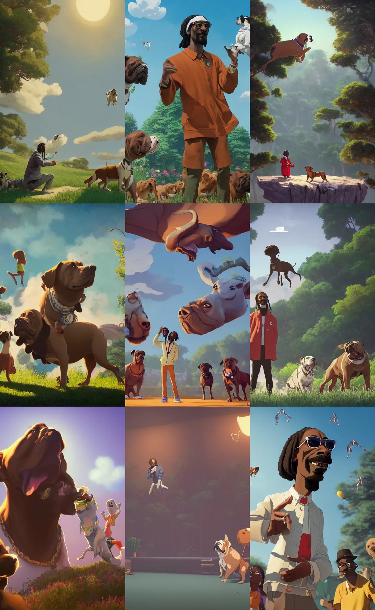 Prompt: a wholesome illustration of Snoop Dogg rapping about bull dogs and money falling from the sky, studio Ghibli, Pixar and Disney animation, sharp, Rendered in Redshift and Unreal Engine 5 by Greg Rutkowski, Bloom, dramatic lighting