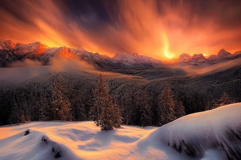 Image similar to amazing landscape photo of nuclear fallout in snowy mountains at sunset by marc adamus beautiful dramatic lighting