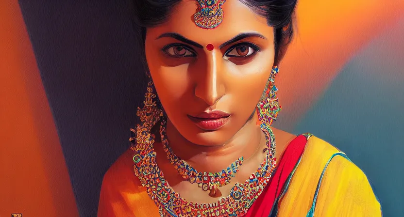 Image similar to love saree, desi, art by salman toor. faithfully depicted facial expression, perfect anatomy, sharp focus, global illumination, radiant light, detailed and intricate environment, trending on artstation