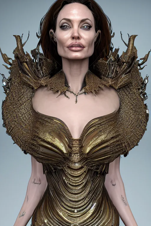 Image similar to a highly detailed 4 k render of a beautiful alien goddess angelina jolie in iris van herpen dress schiaparelli armor in diamonds and lots of jewelry in style of alphonse mucha trending on artstation made in unreal engine 4