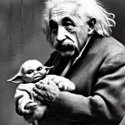 Image similar to sweet photo of Einstein holding baby yoda on his arm