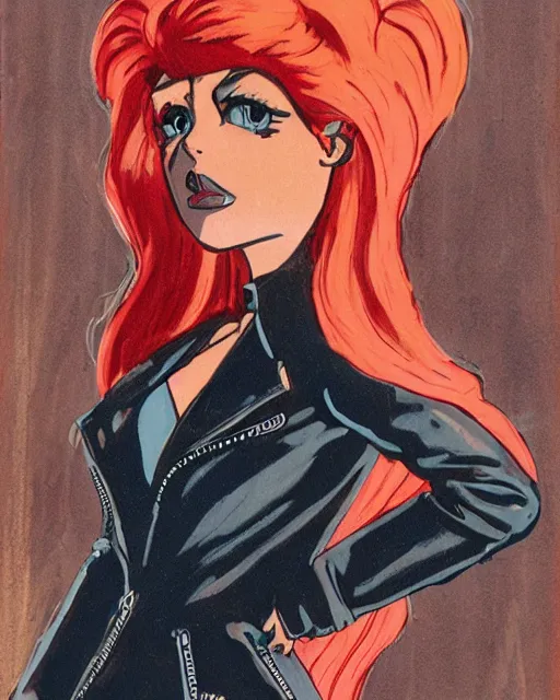 Image similar to young female protagonist in leather jacket, city street, artwork by ralph bakshi