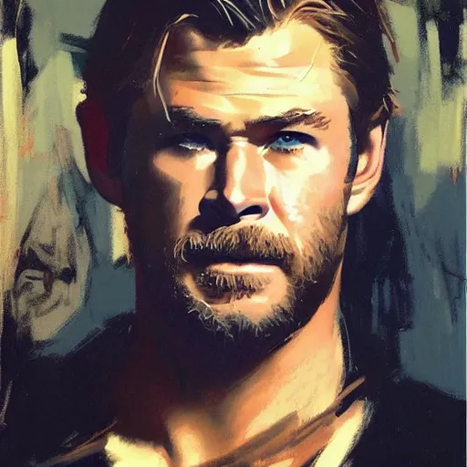 Image similar to chris hemsworth, intricate, elegant, highly detailed, greg manchess, mucha, liepke, ruan jia, jeffrey catherine jones, ridley scott