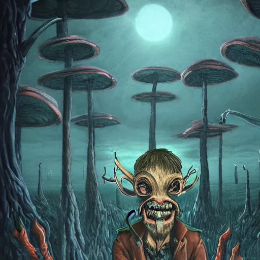 Image similar to a centered chest up portrait of a psychedelic demonic anthropomorphic wendigo smoking a hand - rolled cigarette smoking heavily, magic mushroom village in background. award winning. superb resolution. in the art style of junji ito and greg rutkowski. detailed mushroom city in background. hyper realistic anime. perfect art. dalle 2