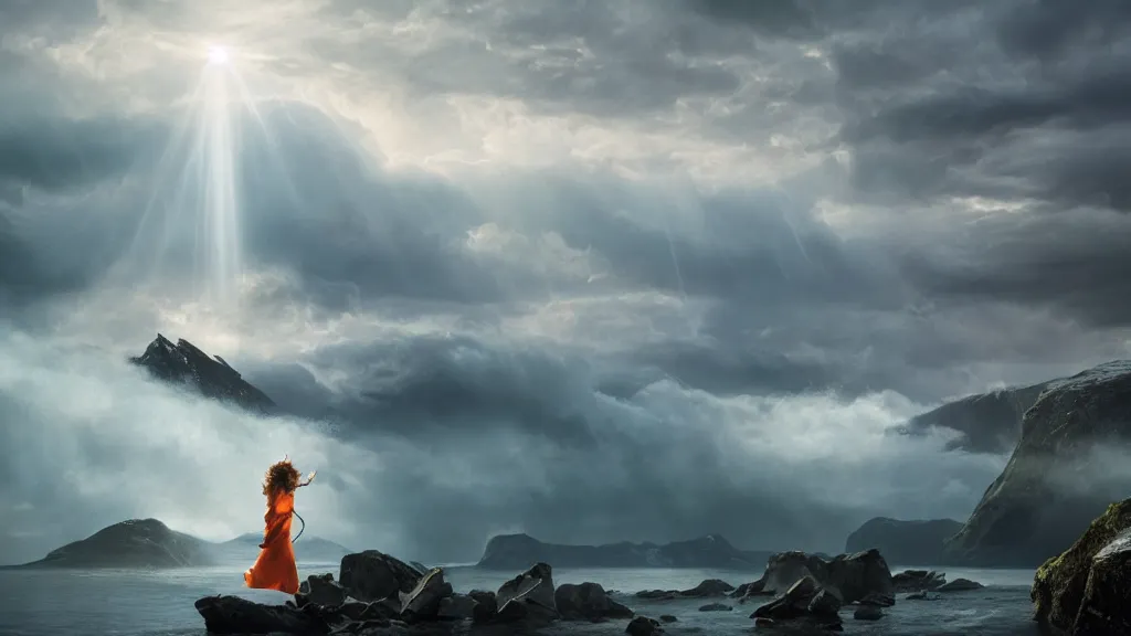 Image similar to wizard, norway fjord, natalie portman, hudson river school, max rive, stormy seas, white royal dress, f 1 6, bokeh, gentle, female, snowy, storm clouds, god rays, close up portrait, d & d, fantasy, elegant, teal orange color palette, concept art, roger deakins and greg rutkowski and alphonse mucha