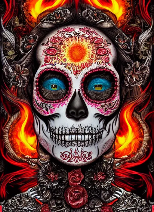 Prompt: portrait of a sugar skull, flaming eyes, intricate, highly detailed, smooth, digital illustration, artstation, the dark and quirky art of scott radke