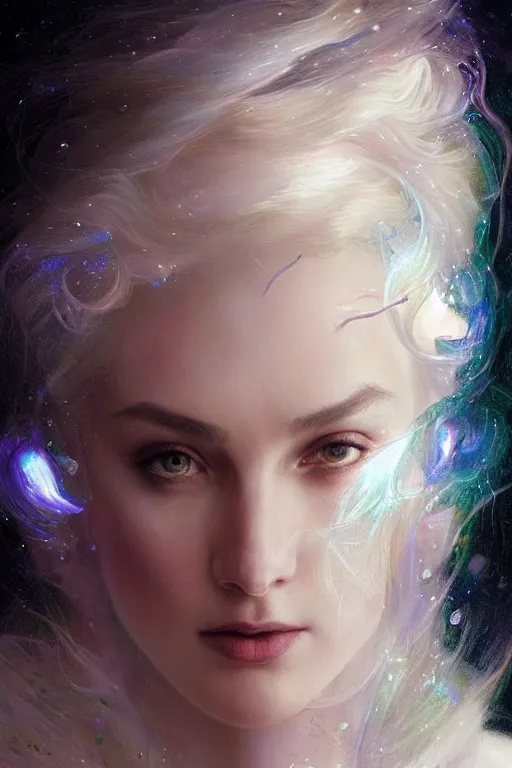 Image similar to realistic portrait of a beautiful white witch, crafting spells, bright witch, beautiful face, fantasy, chaos, magic, dark magic, dramatic lighting, intricate, wild, highly detailed, digital painting, artstation, concept art, smooth, sharp focus, illustration, art by artgerm and greg rutkowski and alphonse mucha, footage from space camera