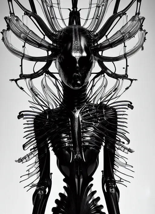 Image similar to iris van herpen gothic inflateble dark dress, perfect symmetrical body, helmet on face, full body shot, alien, plant predator, guyver, giger, wires, tubes, veins, jellyfish, white biomechanical details, wearing epic bionic cyborg implants, masterpiece, intricate, biopunk, vogue, highly detailed, artstation, concept art