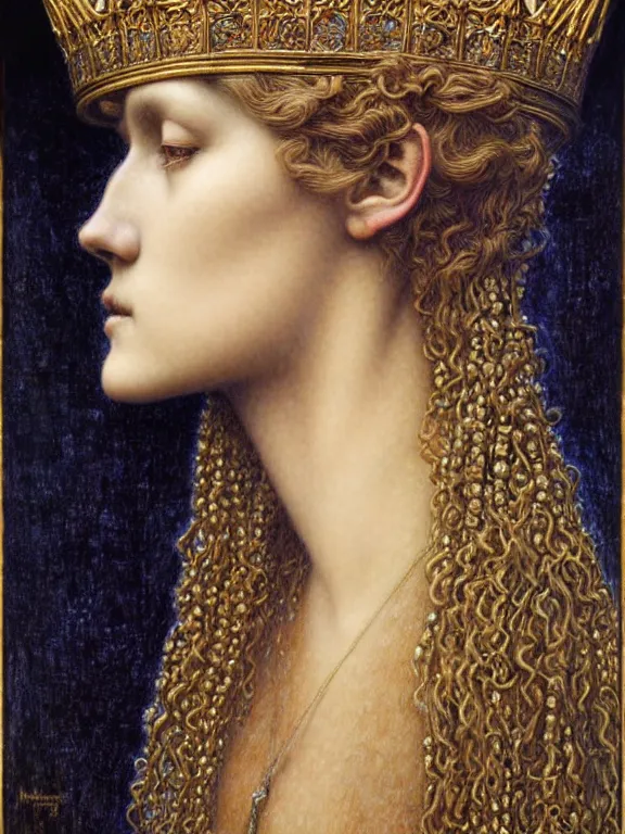 Image similar to detailed realistic beautiful young medieval queen face portrait by jean delville, gustave dore and marco mazzoni, art nouveau, symbolist, visionary, gothic, pre - raphaelite. horizontal symmetry