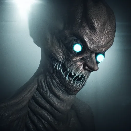 Prompt: creepy monster lurking in a dingy basement, 4 k, ultra realistic, highly detailed, epic lighting