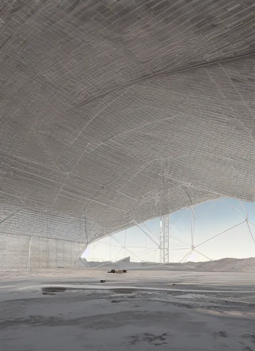 Image similar to interior hangar bioremediation white architecture, in the mining tailings of chuquicamata, epic, cinematic, hyperealistic, high detailed, corona render, hdr, ray tracing