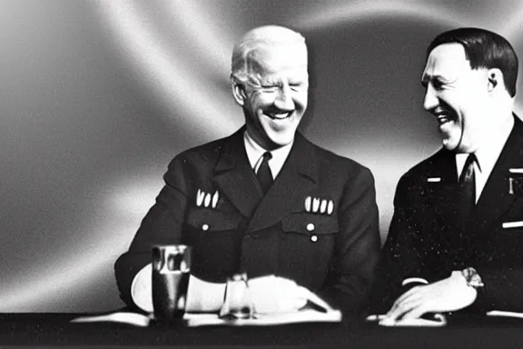 Image similar to “ very very intricate photorealistic photo of hitler and joe biden laughing together, detailed natural lighting, award - winning crisp details ”